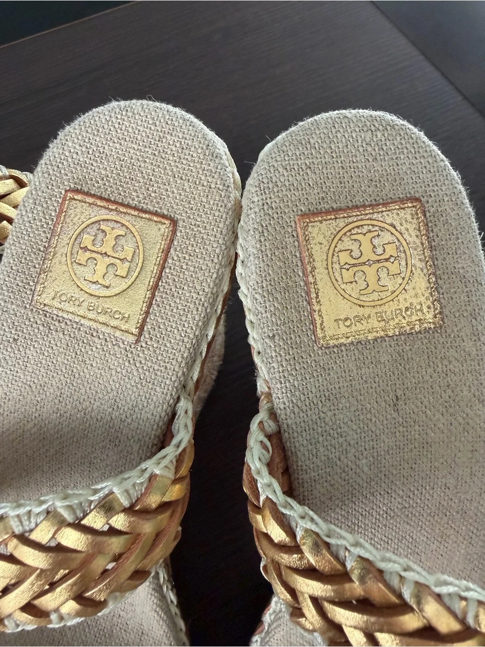 Tory Burch Metallic Gold Braided Espadrille Wedge Sandals Euro 38, US 8
